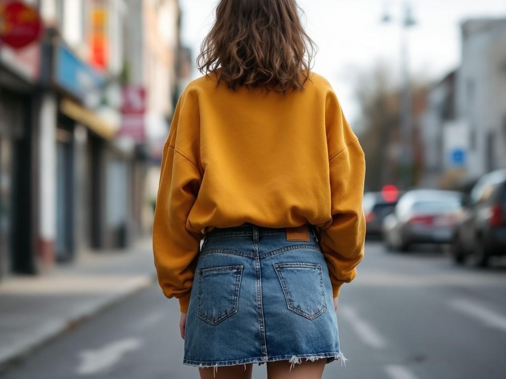 A woman wearing a mustard sweatshirt and a denim skirt, standing on a city street with sneakers.