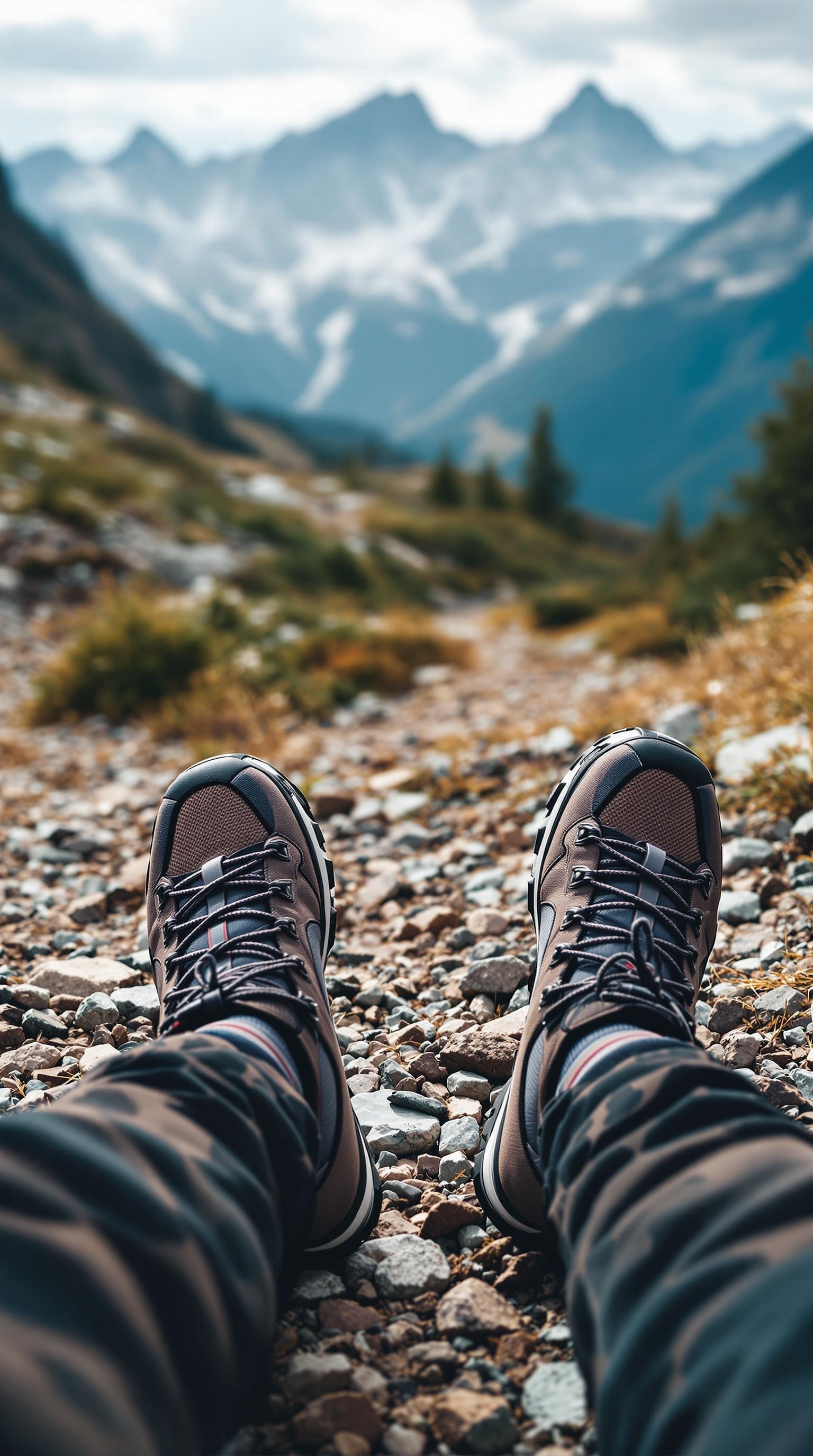 A close-up of sporty hiking boots on a rocky trail with mountains in the background.