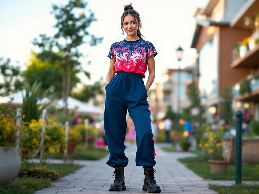 A woman wearing a sporty jumpsuit with floral patterns and chunky black boots, standing in a park.