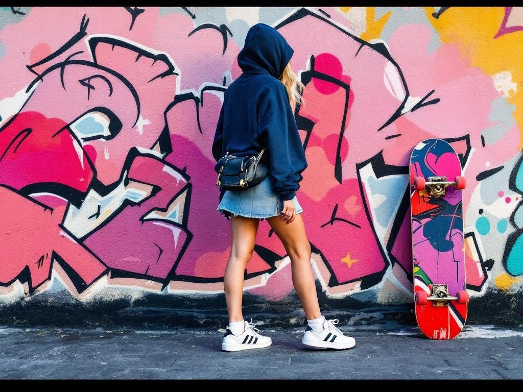 A person wearing a dark hoodie and a light denim skirt stands next to a colorful skateboard against a graffiti wall.