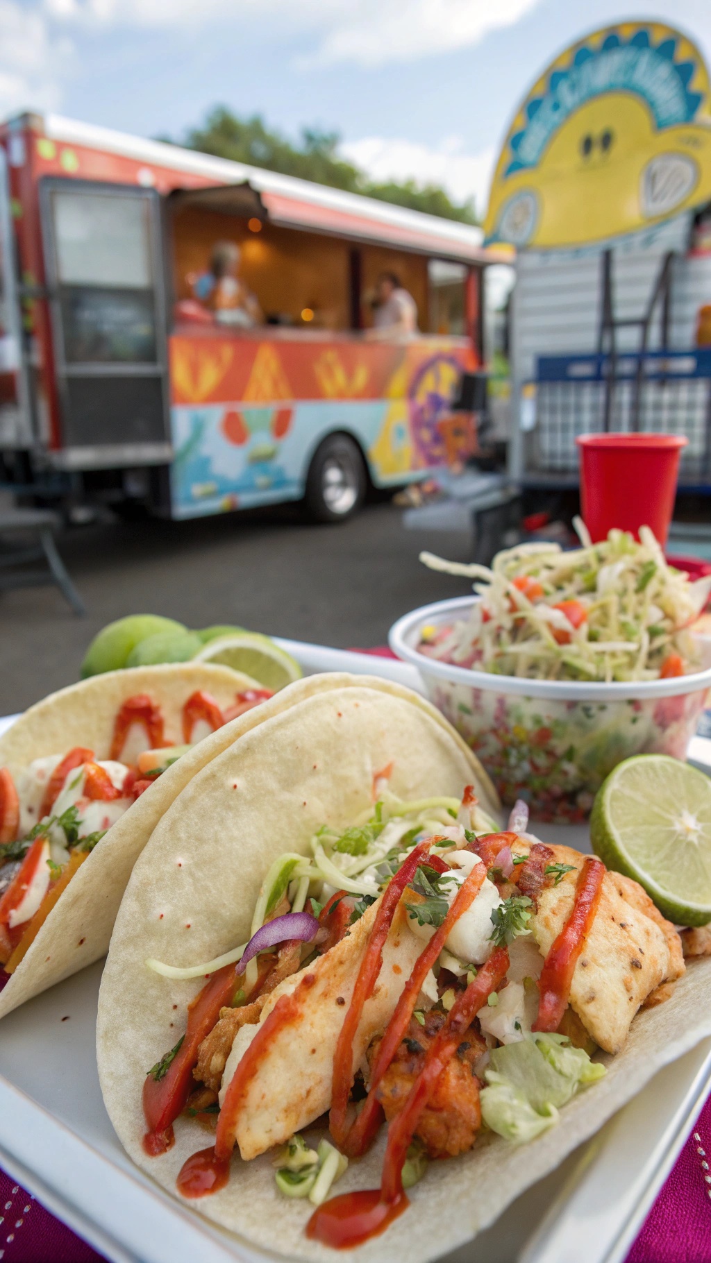 Sriracha-lime fish tacos with crunchy slaw, served with lime wedges and a bowl of slaw in the background.