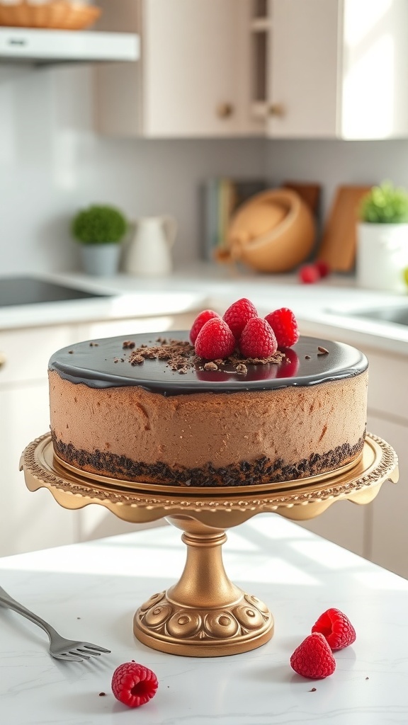 A creamy chocolate cheesecake topped with raspberries, displayed on a golden cake stand.