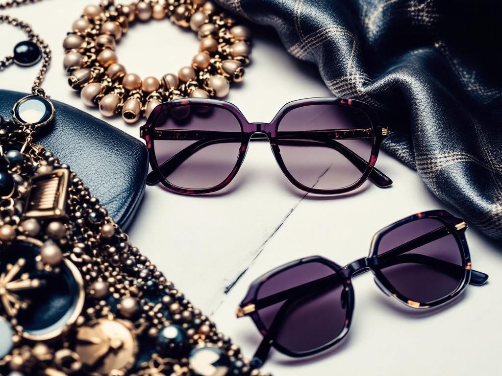A collection of stylish accessories including oversized sunglasses, a layered pearl necklace, and a chic clutch on a textured surface.