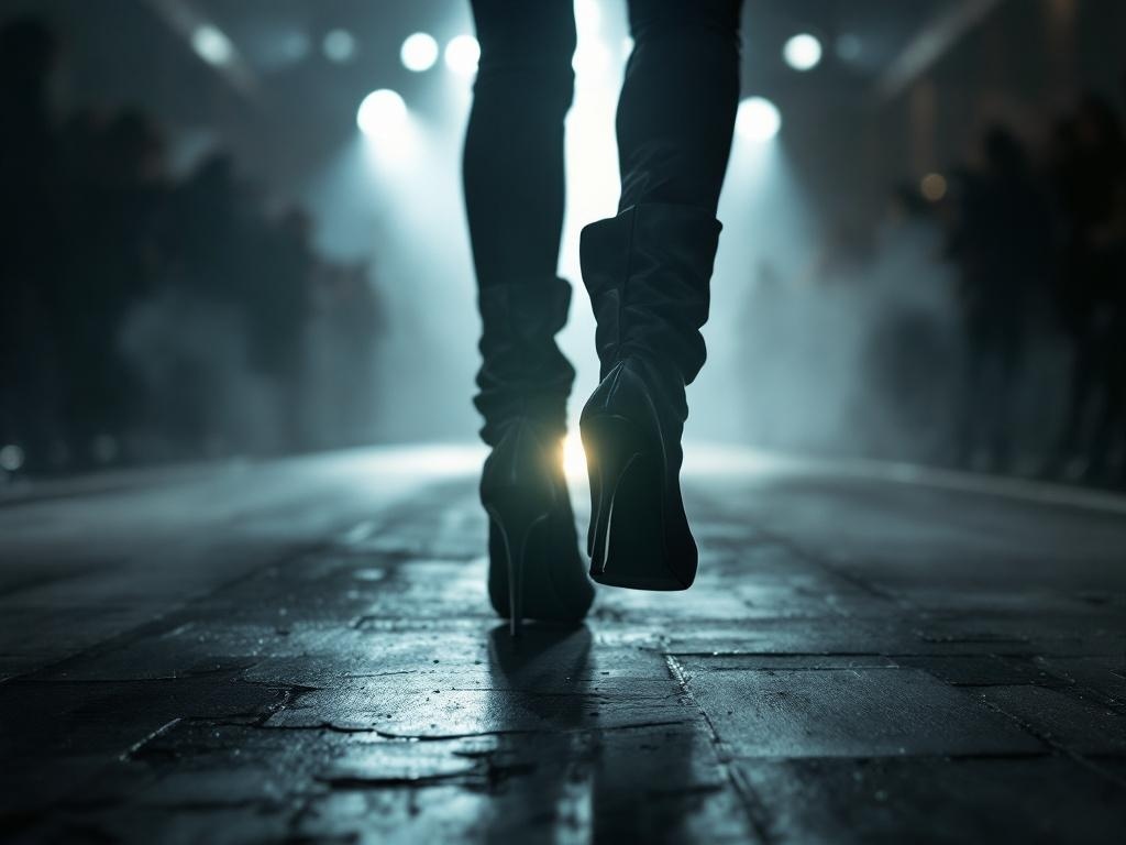A confident figure walking in stylish heeled boots on a runway with dramatic lighting.