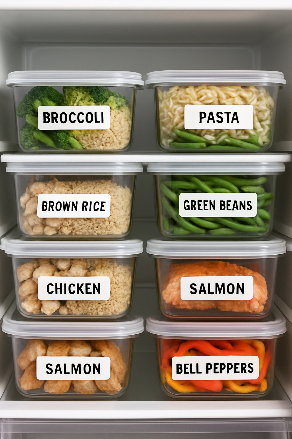 A well-organized fridge with labeled containers holding various ingredients for meal prep.