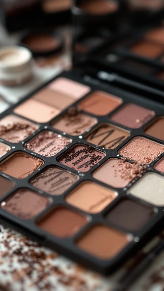 A close-up of a makeup palette with various warm shades, ideal for creating eye looks.