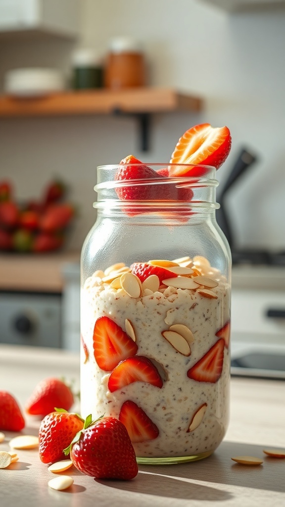 A jar of strawberry almond overnight oats with fresh strawberries and sliced almonds on top.