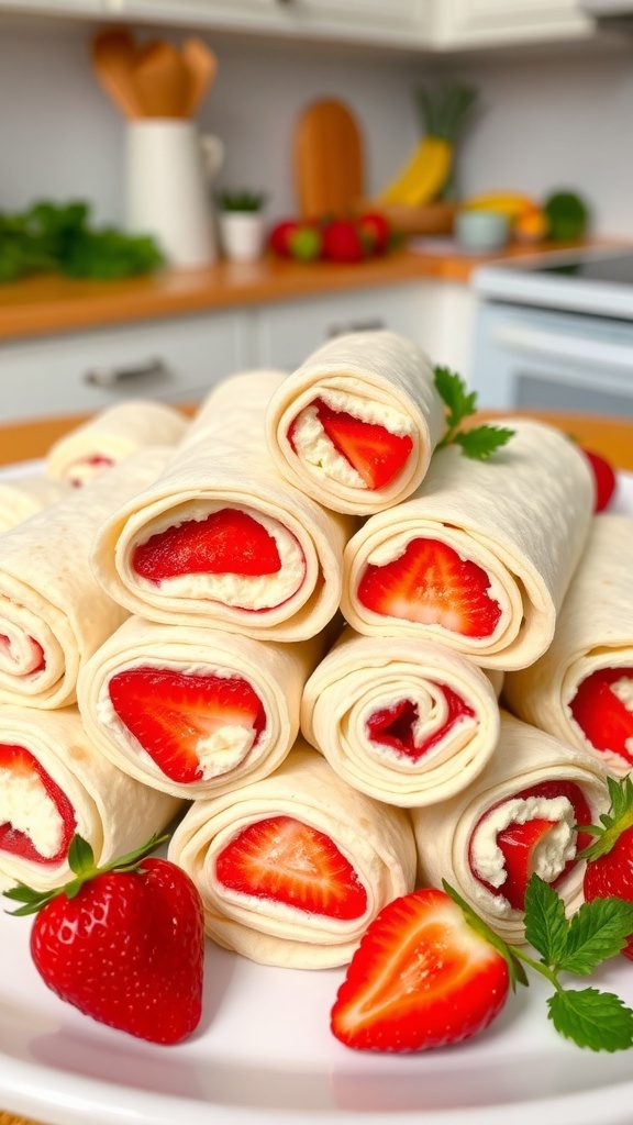 A plate of strawberry and cream cheese roll-ups, showcasing fresh strawberries and mint leaves.