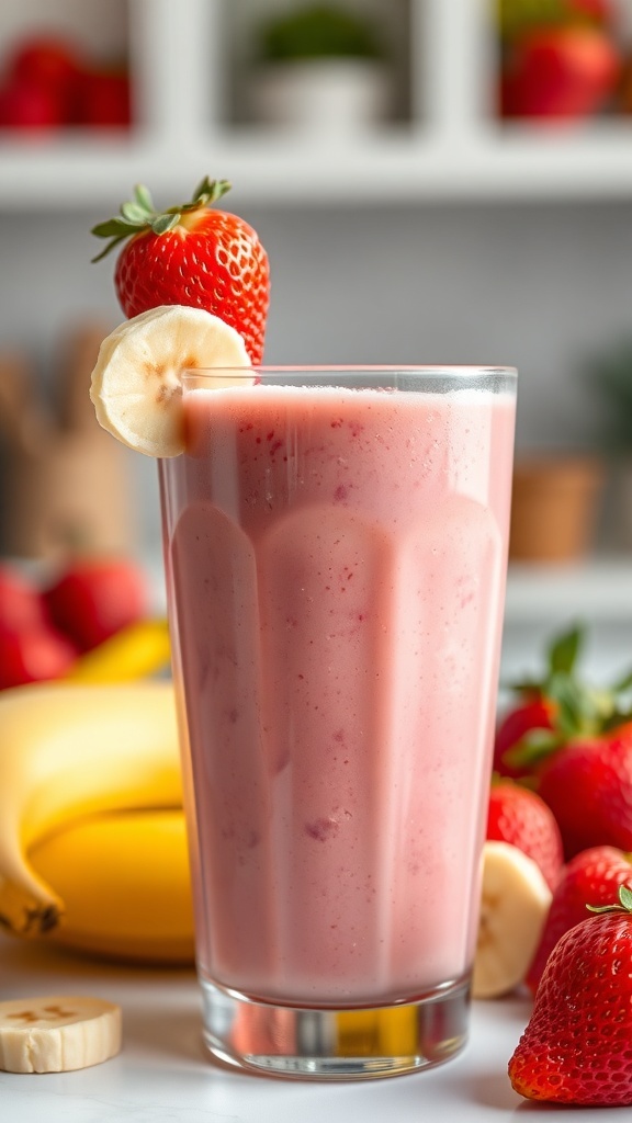 A refreshing strawberry banana smoothie in a tall glass, topped with a fresh strawberry and banana slice, surrounded by strawberries and a banana.