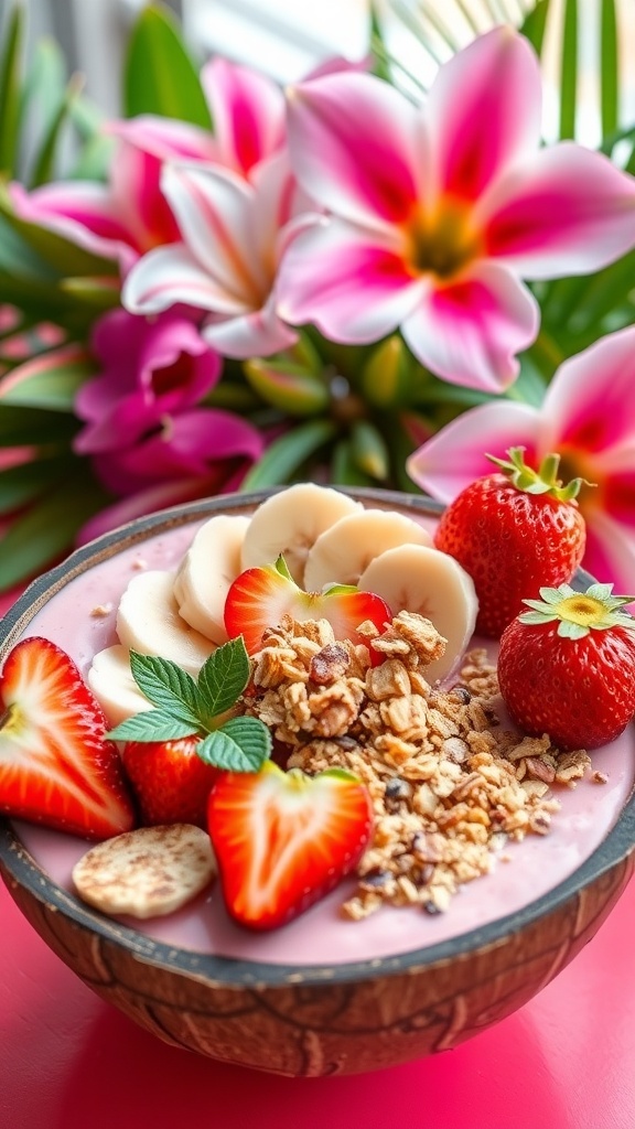 A vibrant strawberry banana smoothie bowl topped with granola, fresh strawberries, banana slices, and mint leaves, with flowers in the background.