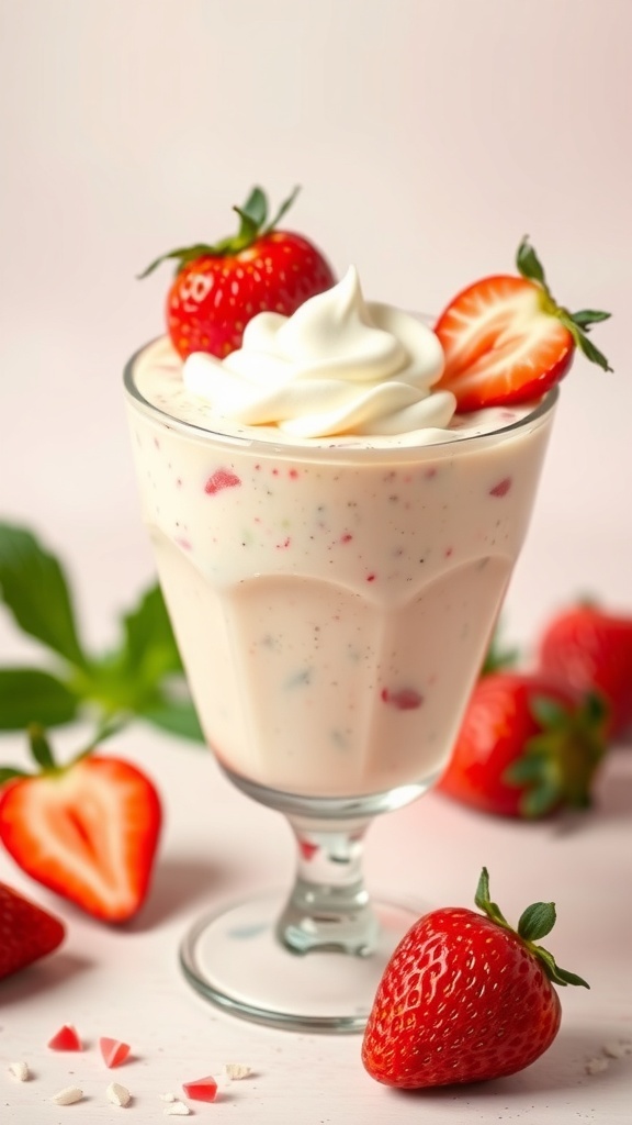 A glass of strawberry cheesecake chia pudding topped with whipped cream and fresh strawberries.