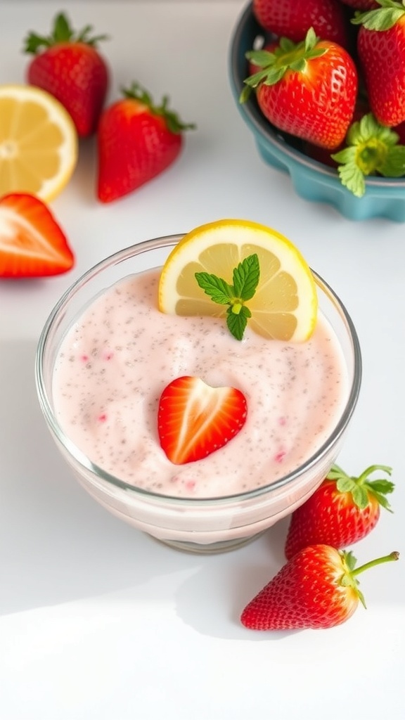A bowl of strawberry lemon chia seed pudding garnished with lemon slices and fresh strawberries