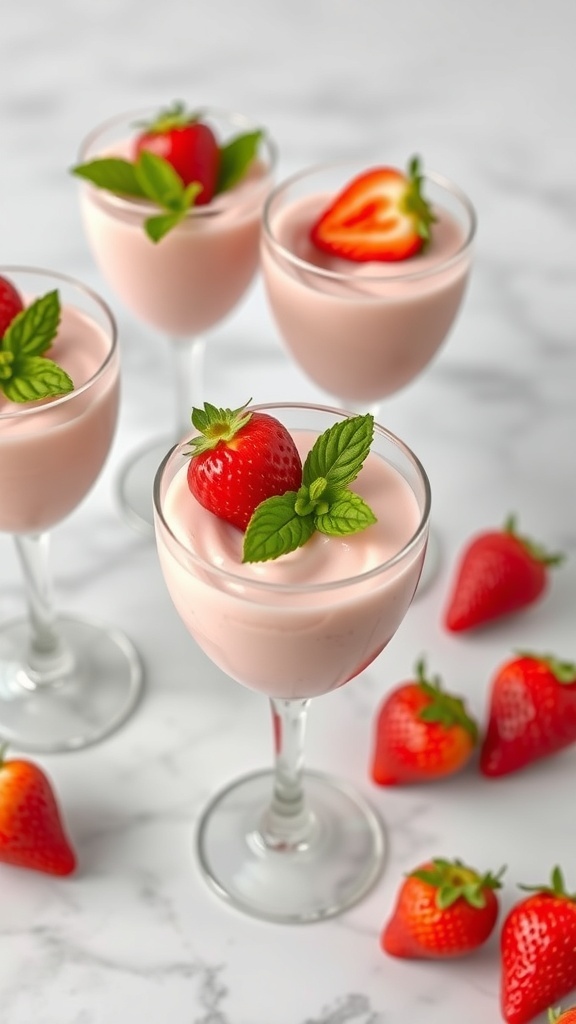 Three glasses of strawberry mousse topped with fresh strawberries and mint leaves, with strawberries scattered around.