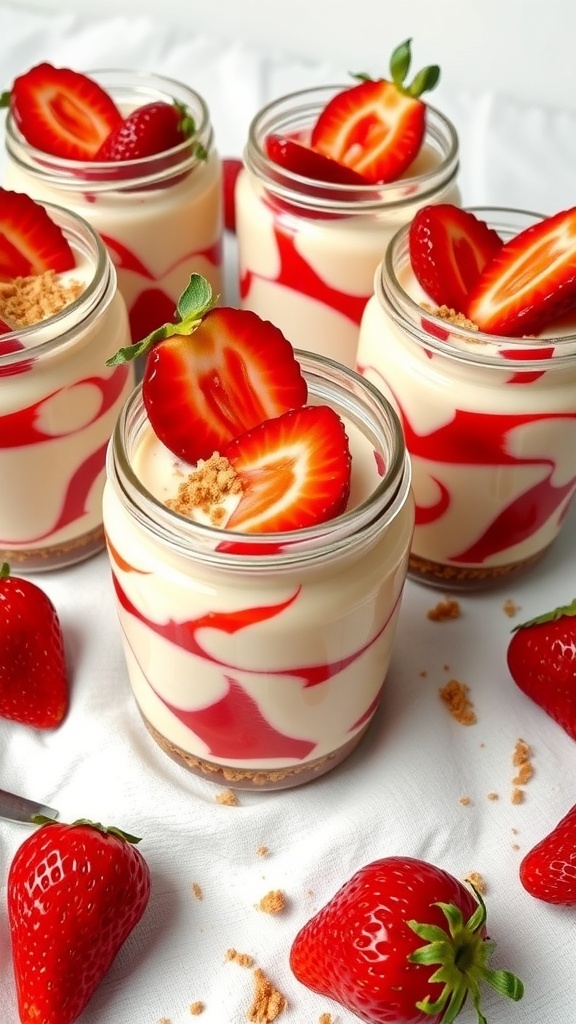 Strawberry Swirl Cheesecake Jars with fresh strawberries and graham cracker crumbs