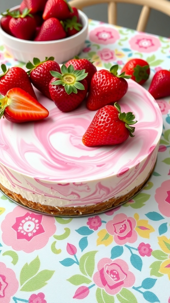 A beautifully presented strawberry swirl keto cheesecake topped with fresh strawberries on a floral tablecloth.