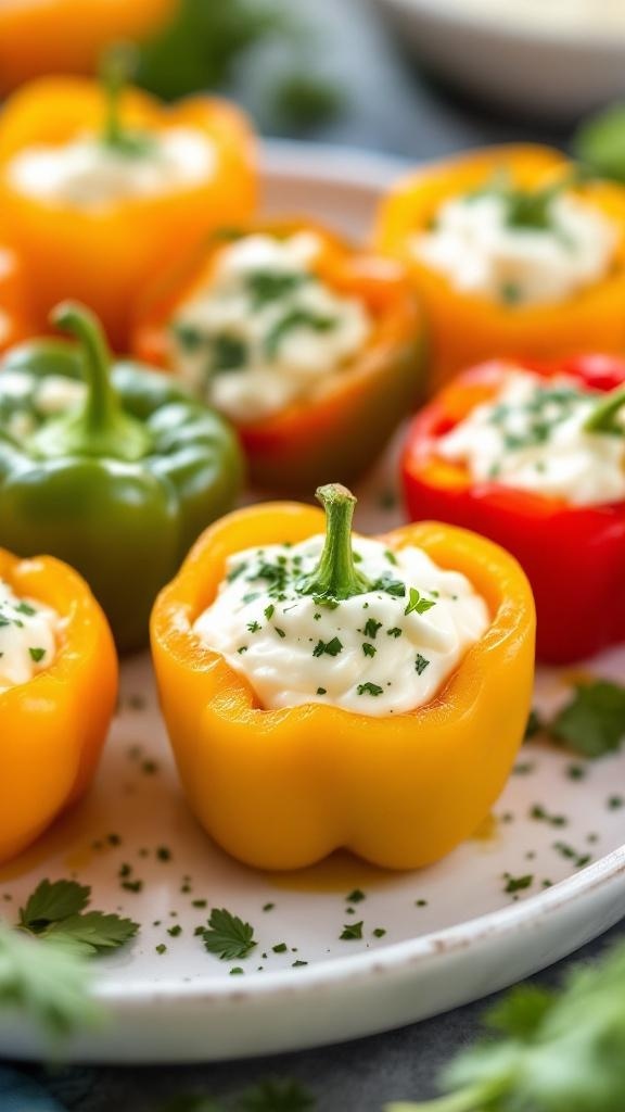 Colorful stuffed mini peppers filled with cream cheese and herbs on a plate