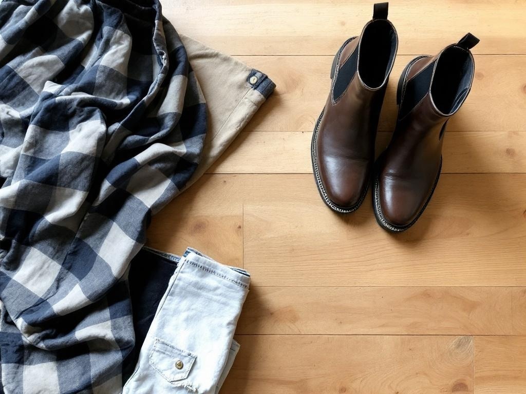 A pair of brown Chelsea boots on a wooden floor next to a plaid shirt and light jeans.