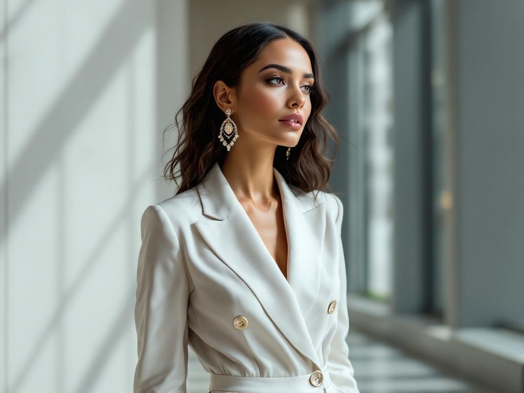 A woman in a stylish light-colored jumpsuit with statement earrings, looking elegant.