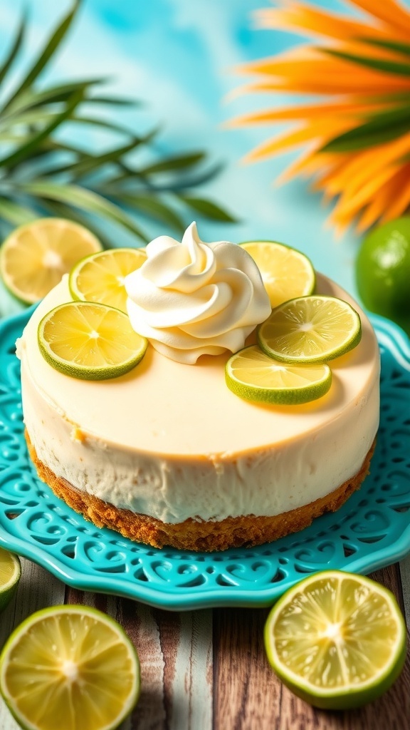 A stylish Key Lime Cheesecake topped with lime slices and whipped cream on a turquoise plate.