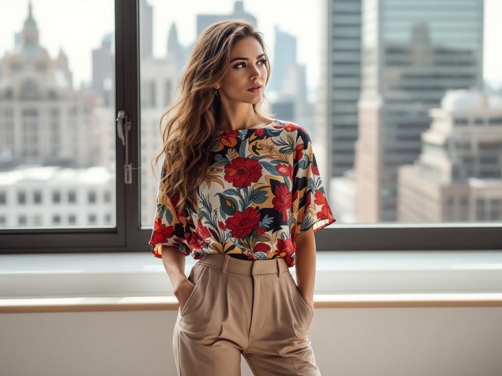 A woman in stylish trousers and a floral printed top standing by a window with a city view.