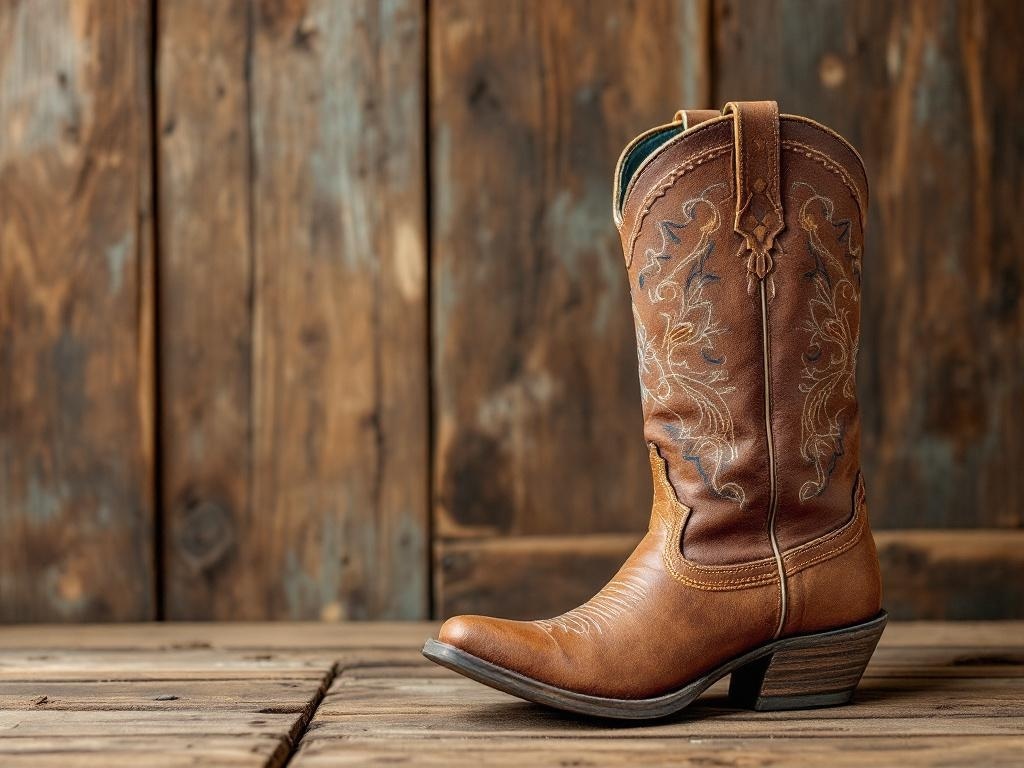 A stylish western-inspired bootie made of brown leather with intricate stitching.