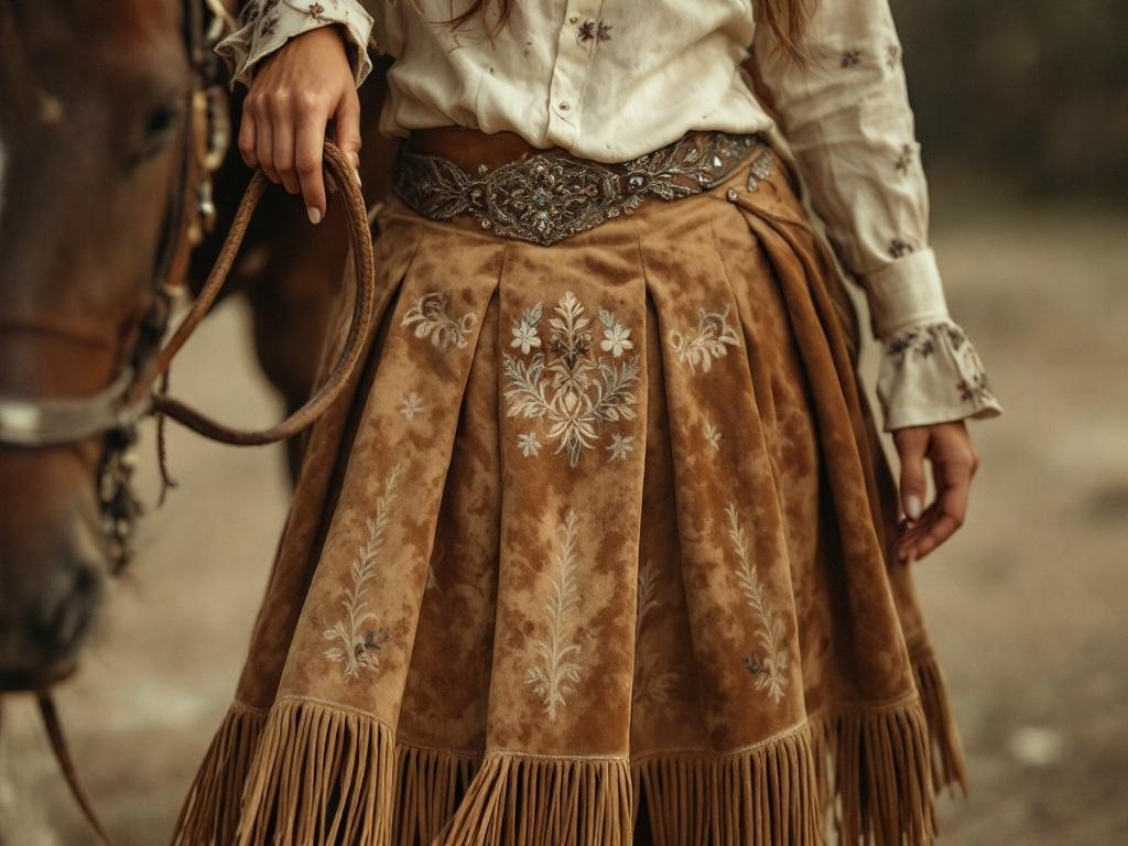 A woman wearing a suede skirt with embroidered accents, holding a horse's reins.