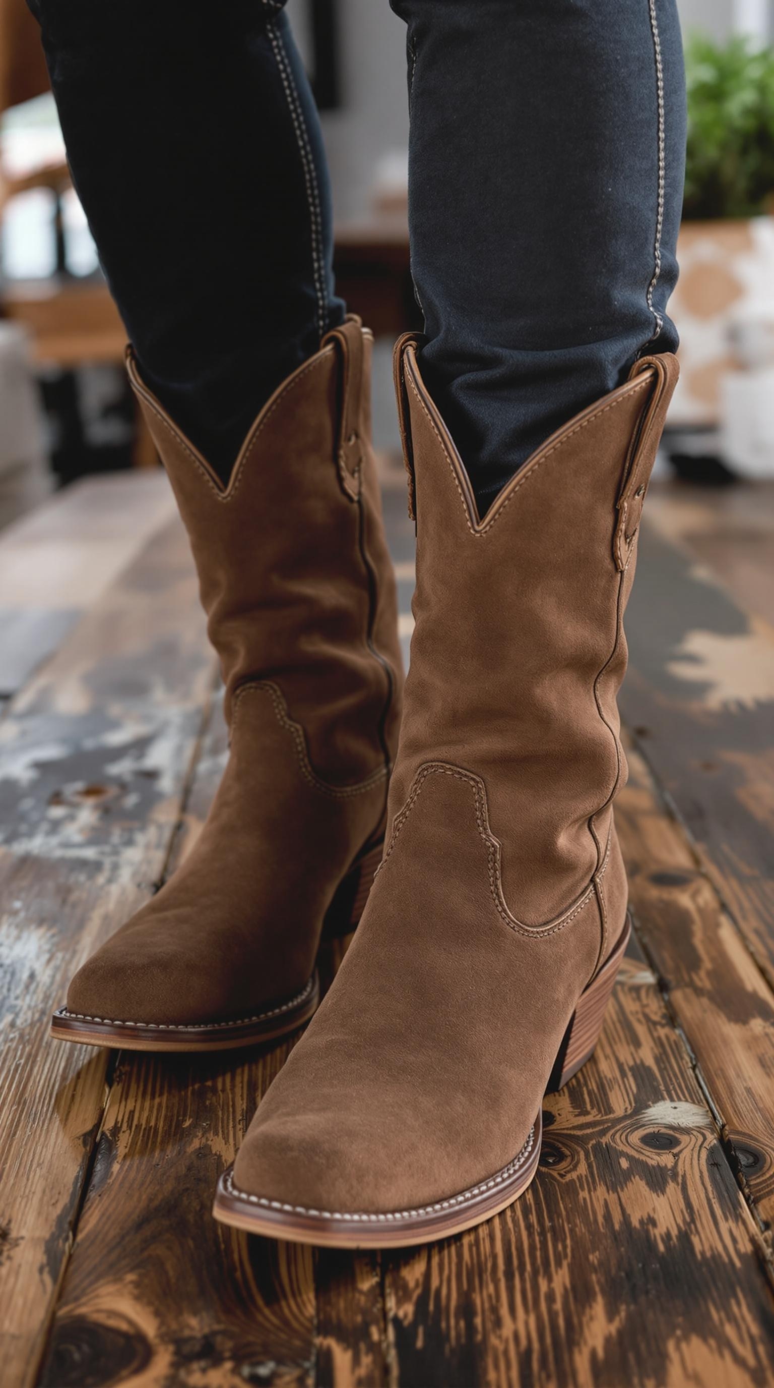A pair of brown suede western boots worn with denim, showcasing a stylish and casual look.