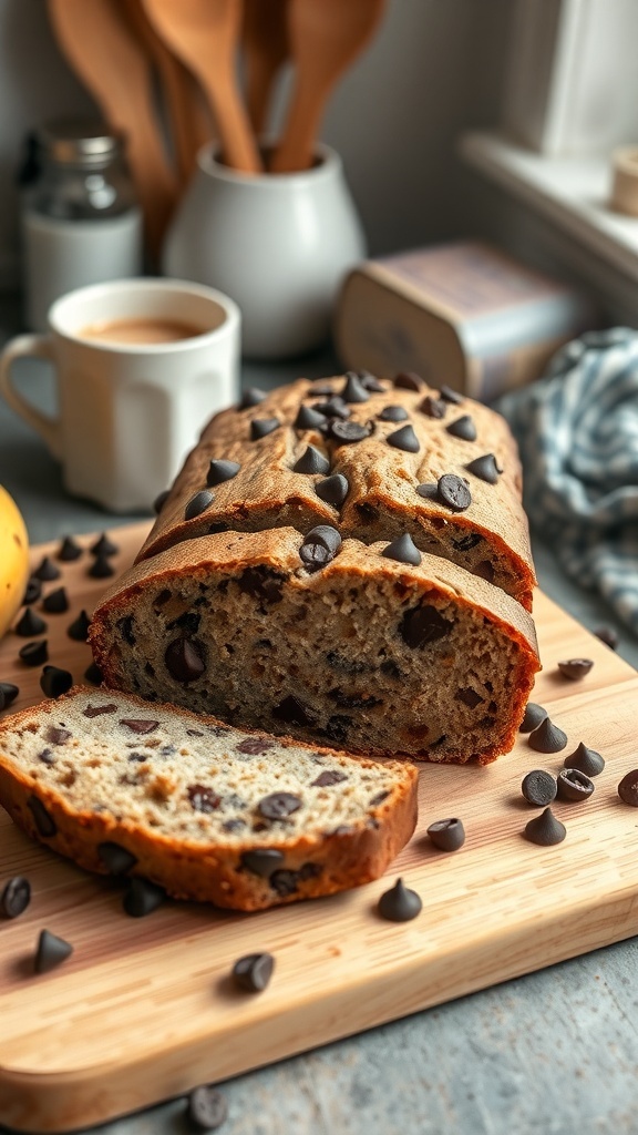 A loaf of sugar-free chocolate chip banana bread on a wooden cutting board, with slices cut and chocolate chips scattered around.