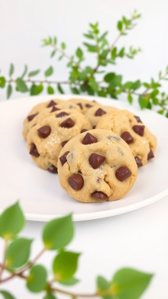 A plate of sugar-free keto chocolate chip cookies with chocolate chips and green leaves in the background.