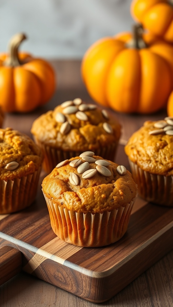 Freshly baked sugar-free pumpkin spice muffins topped with pumpkin seeds, with pumpkins in the background.