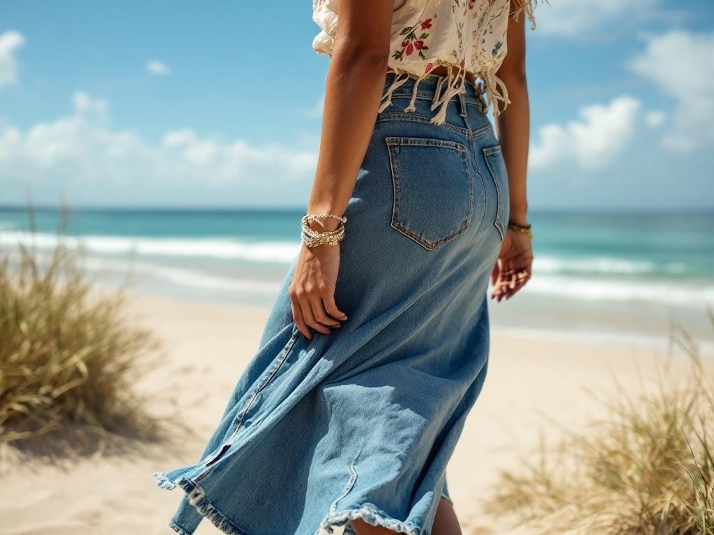 A woman wearing a denim skirt and embroidered top standing on the beach with the ocean in the background.
