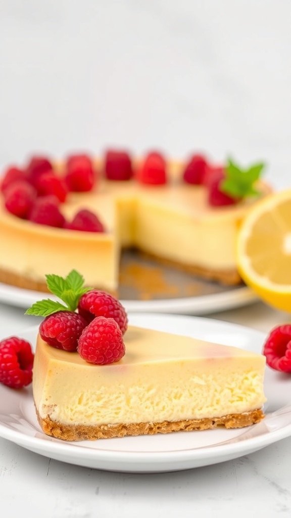 A slice of Summer Breeze Raspberry Lemonade Cheesecake garnished with raspberries and mint leaves.