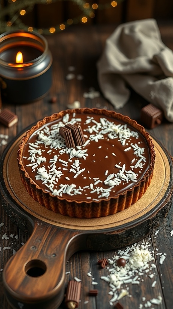 A beautifully crafted chocolate coconut tart on a wooden serving board, surrounded by decorative elements.
