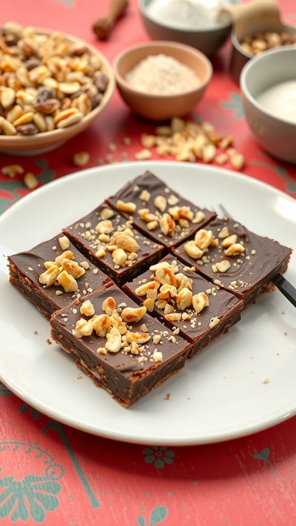 Chocolate nut bars topped with chopped nuts on a white plate, with ingredients in the background.