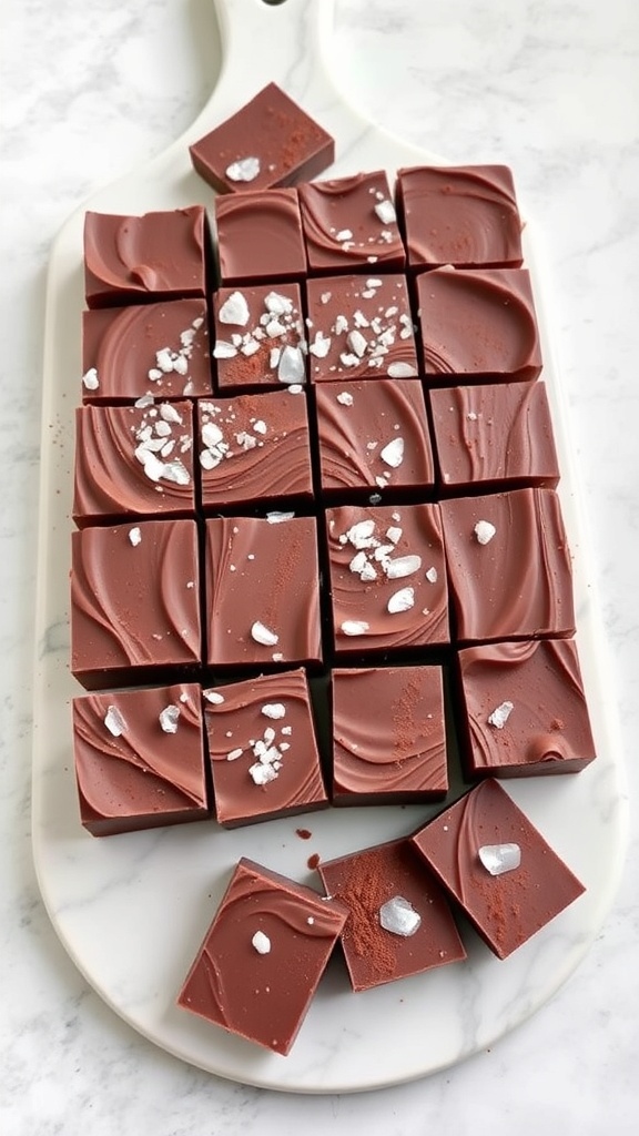 A platter of chocolate protein fudge squares, beautifully arranged with a sprinkle of sea salt on top.