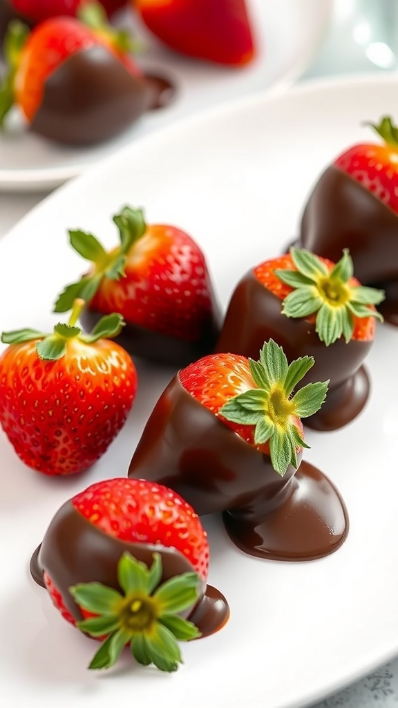 Dark chocolate dipped strawberries on a white plate