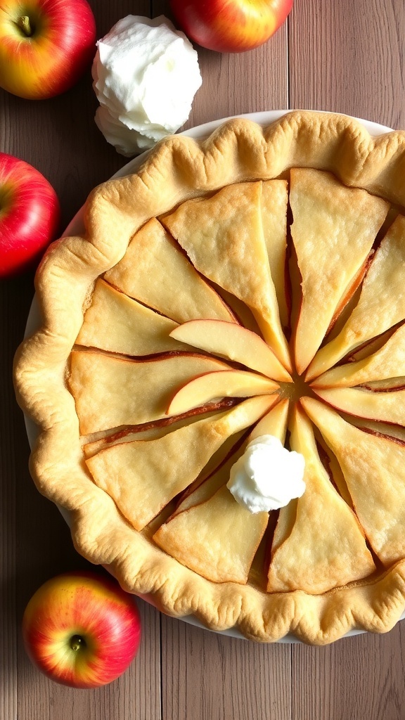 A low-carb apple pie with creamy filling, garnished with apple slices and whipped cream, surrounded by fresh apples.