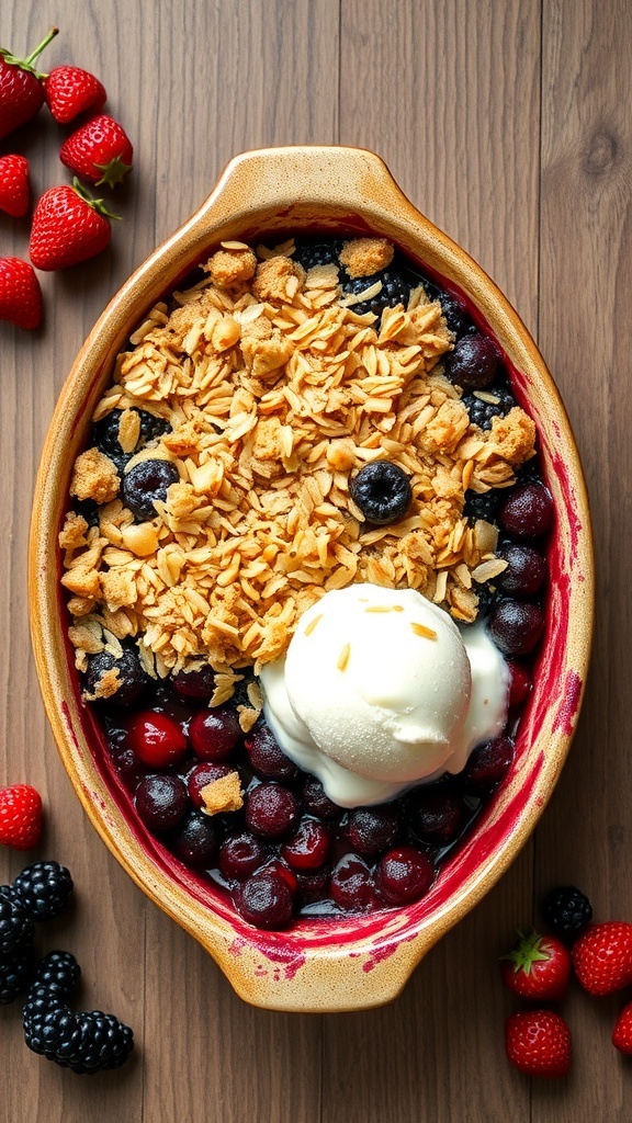 A delicious vegan berry crumble topped with coconut, served with a scoop of ice cream.