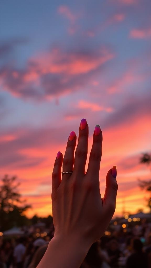 A hand with sunset ombre nails against a colorful sunset sky