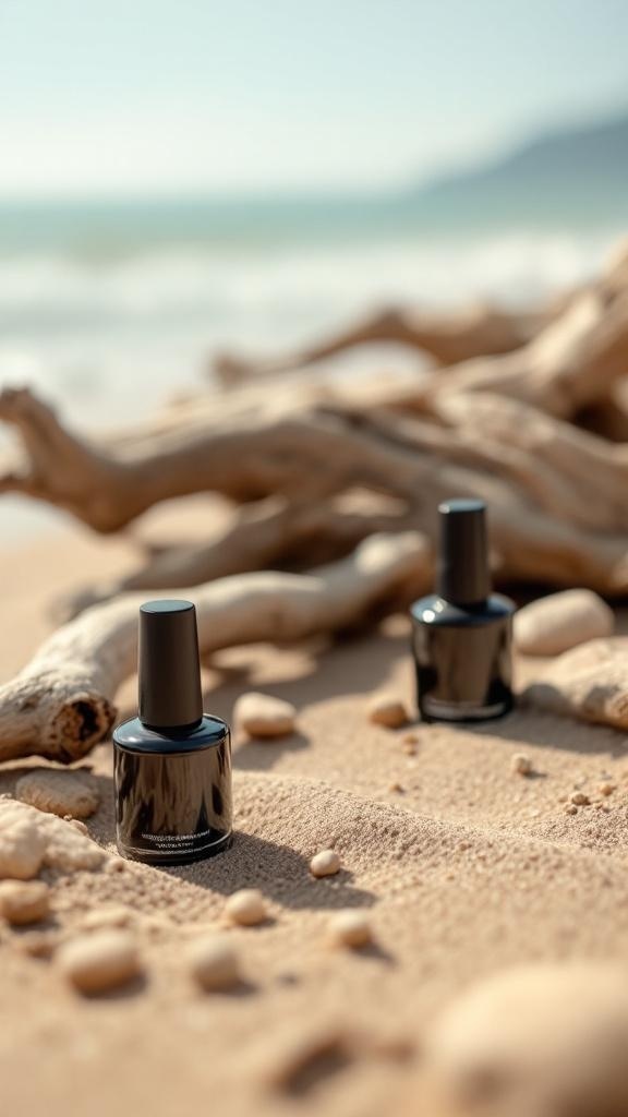 Black nail polish bottles on sandy beach with driftwood and pebbles