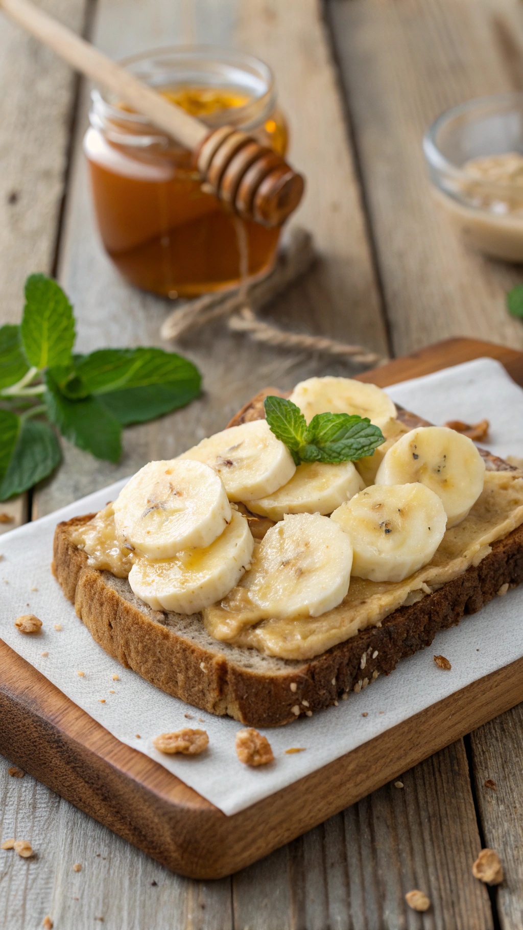 A slice of whole grain toast topped with almond butter and banana slices, garnished with a mint leaf.