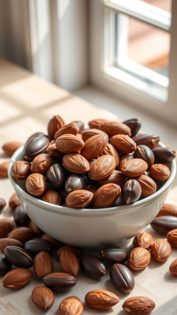 A bowl filled with chocolate-covered almonds, showcasing a mix of dark and milk chocolate varieties.