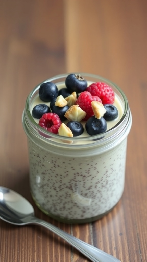 Chia seed pudding topped with fresh berries and nuts in a jar