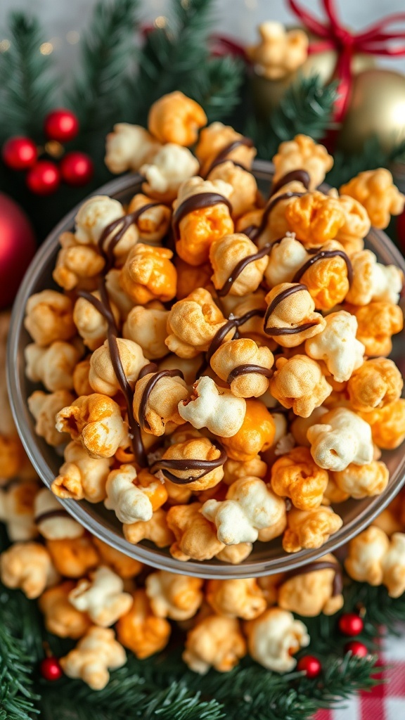 A bowl of sweet and salty caramel popcorn treats drizzled with chocolate, surrounded by festive decorations.