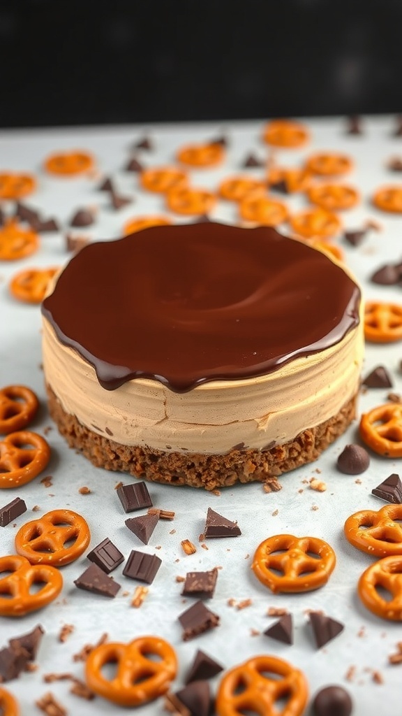 A delicious Sweet and Salty Chocolate Pretzel Cheesecake topped with chocolate ganache, surrounded by pretzels and chocolate chunks.