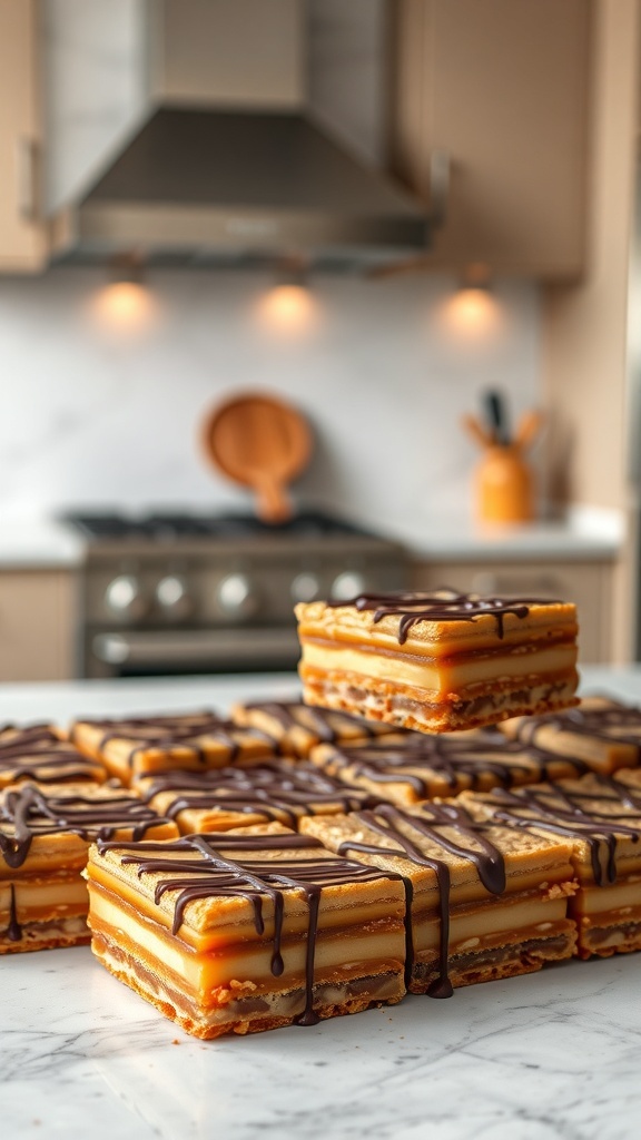 Delicious no-bake caramel pretzel bars stacked on a marble countertop in a cozy kitchen setting.
