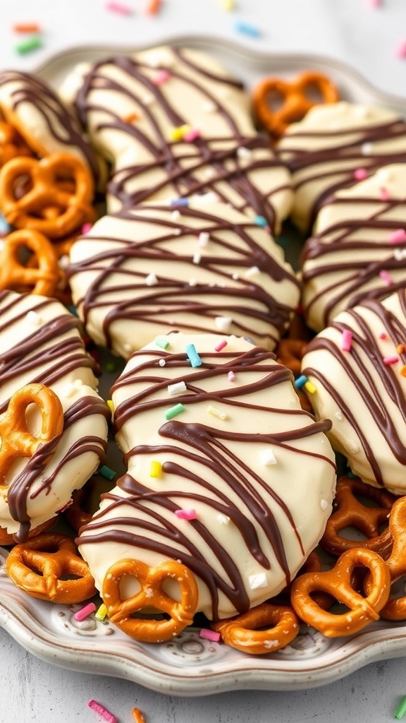 A plate of sweet and salty no-bake pretzel treats drizzled with chocolate and topped with colorful sprinkles.
