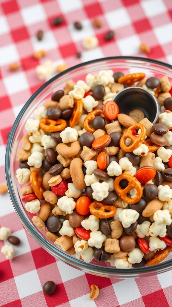 A bowl of Sweet and Salty Peanut Butter Snack Mix with popcorn, pretzels, and candies.