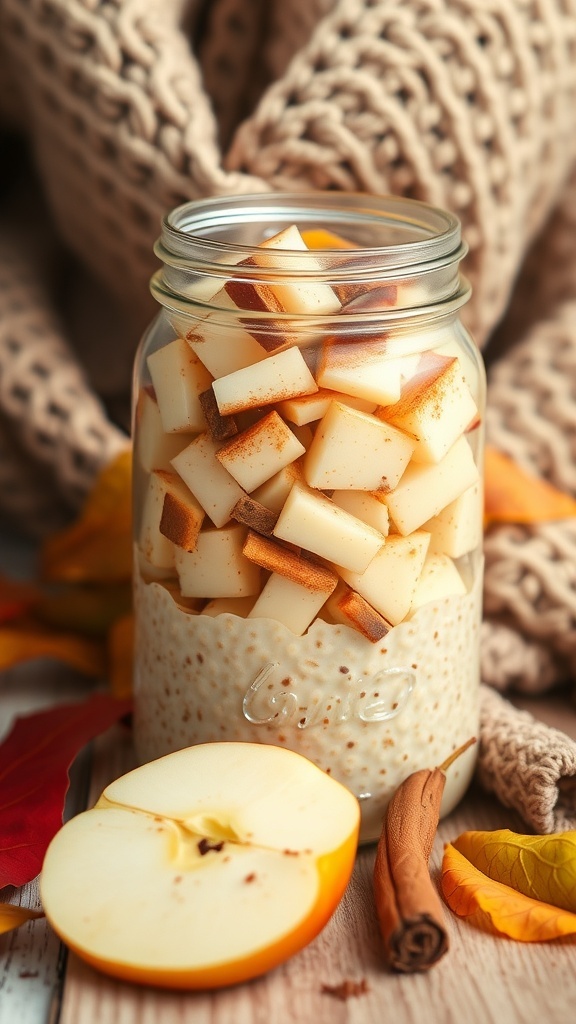 A jar of apple cinnamon overnight oats with diced apples and cinnamon on top.
