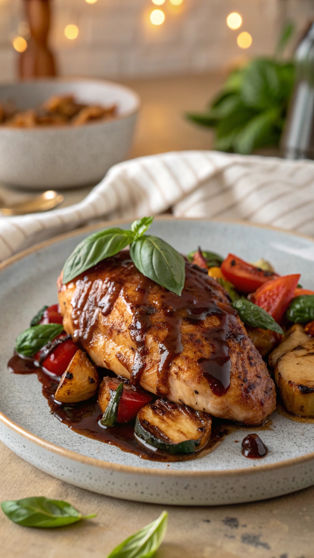 A plate of balsamic glazed chicken breast served with colorful vegetables.